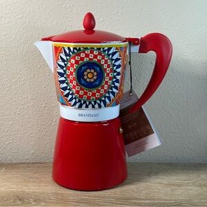NEW Brandani 9 CUP Italian Coffee Maker MOKA POT Aluminum SICILIAN PATTERN Red